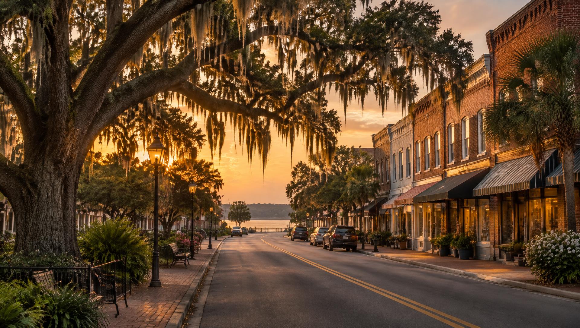 A Southern main street beneath moss-draped live oaks